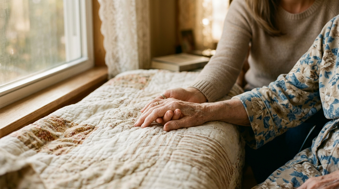 Adult child holding the hand of an elderly parent with tenderness