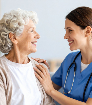 Caregiver gently walking with an older woman through her sunlit home.
