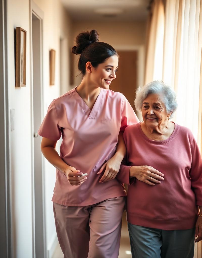 Caregiver gently walking with an older woman.