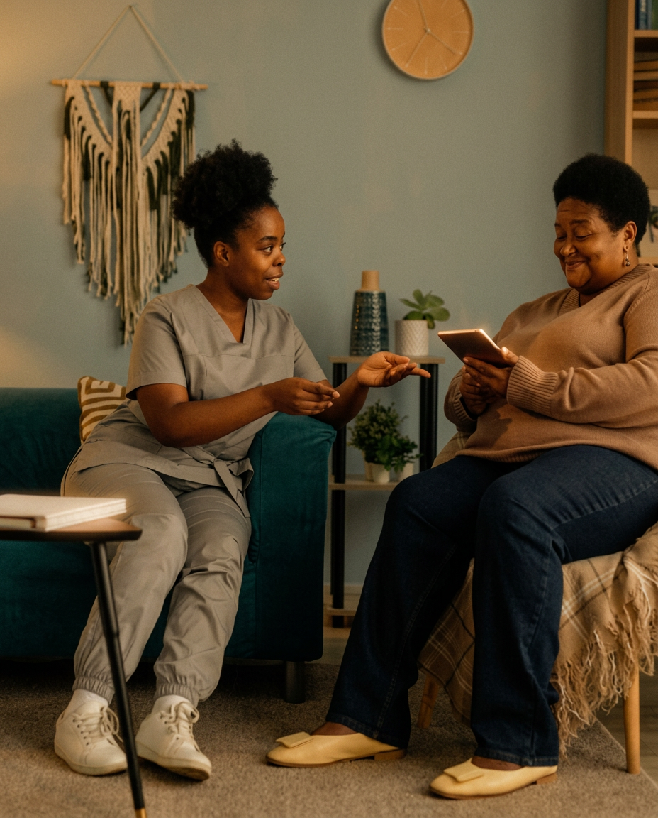 Caregiver and older woman laughing together over a board game.