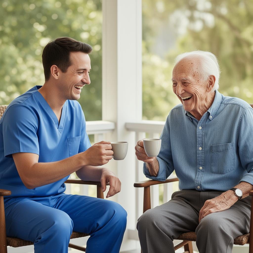 A warm EverCare caregiver standing close to a smiling older client.