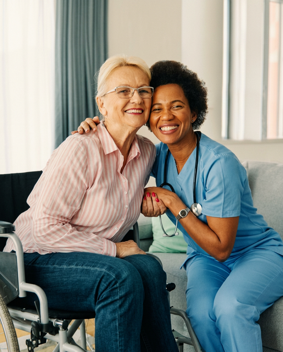 A smiling older woman shares a moment with her caregiver.