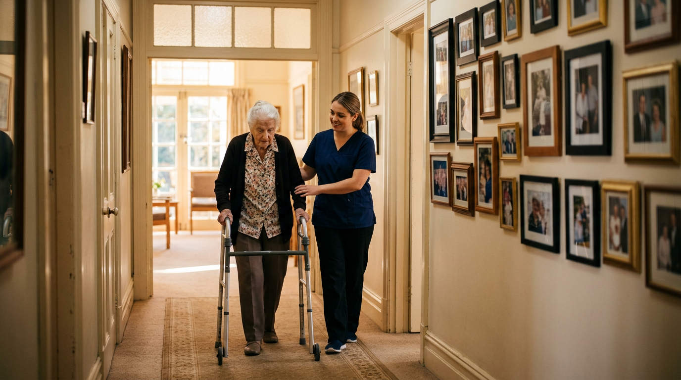 Caregiver greeting an older woman warmly at the front door