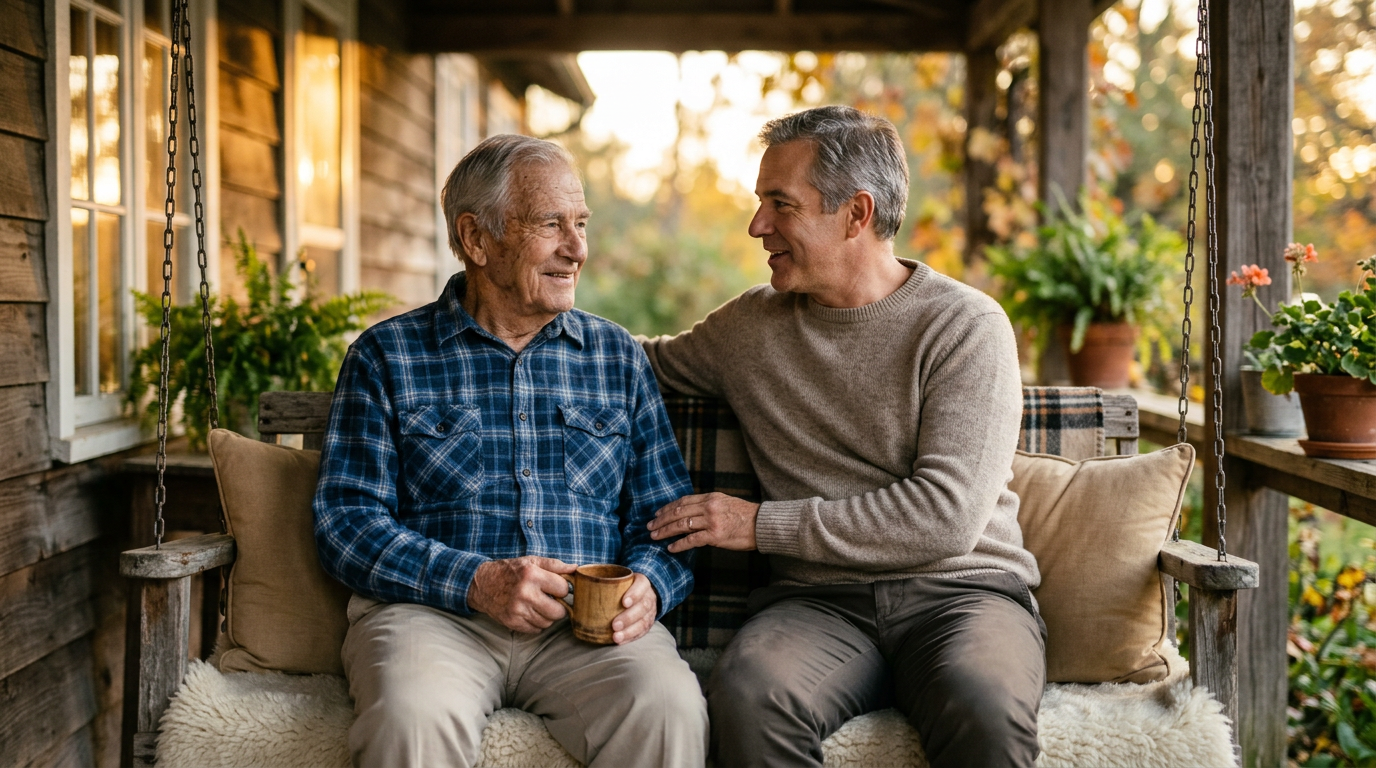 Adult child and elderly parent in a thoughtful conversation