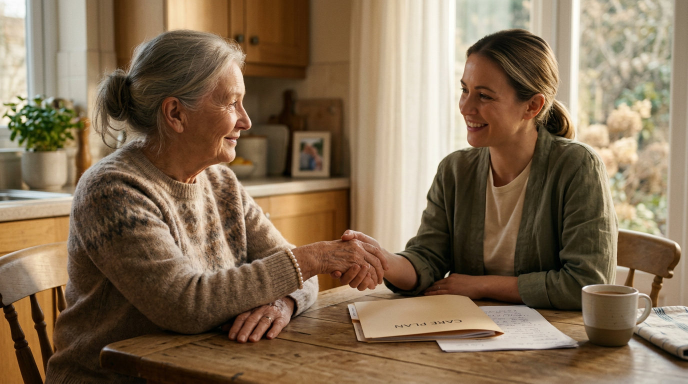 Two caregivers reviewing a care plan together