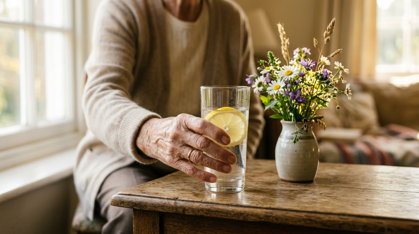 Glass of water on a table next to a bowl of fresh fruit
