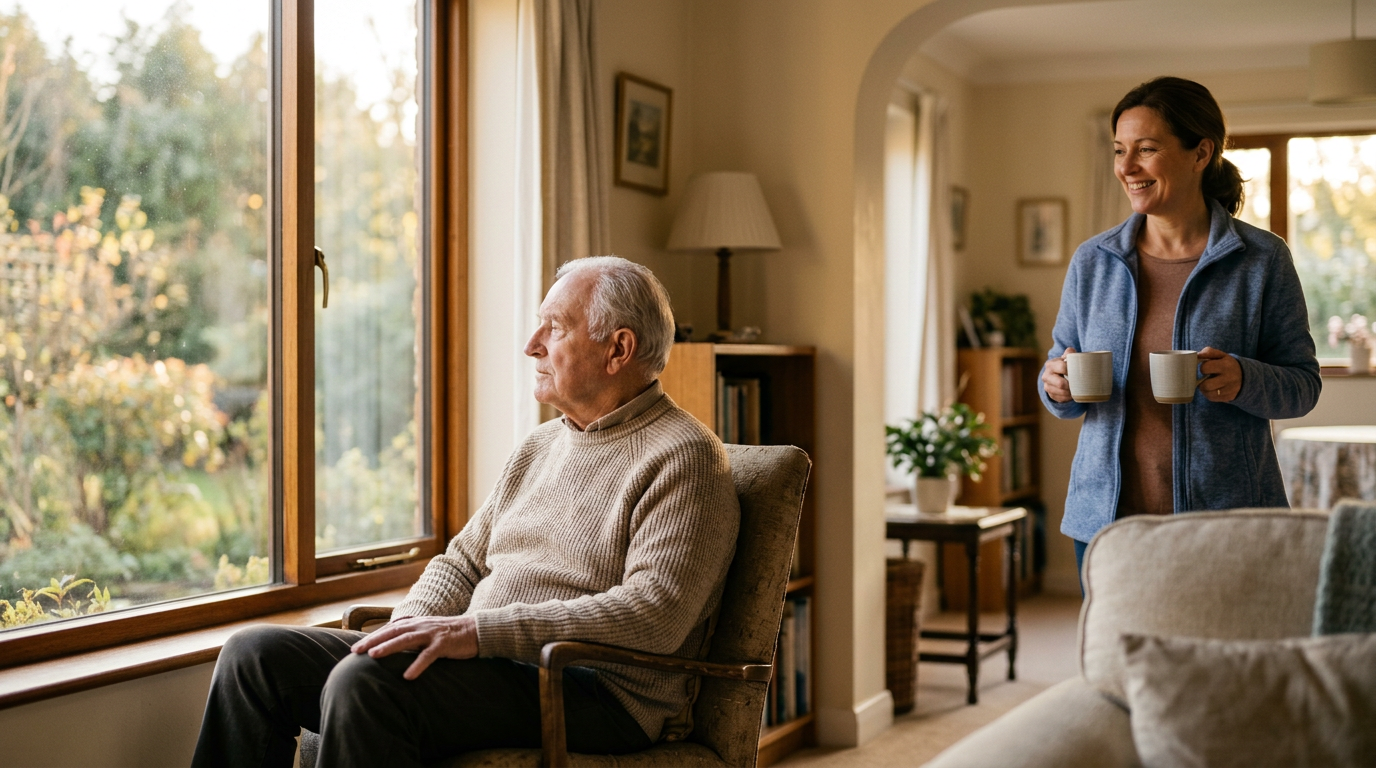 Two older friends sharing tea and conversation