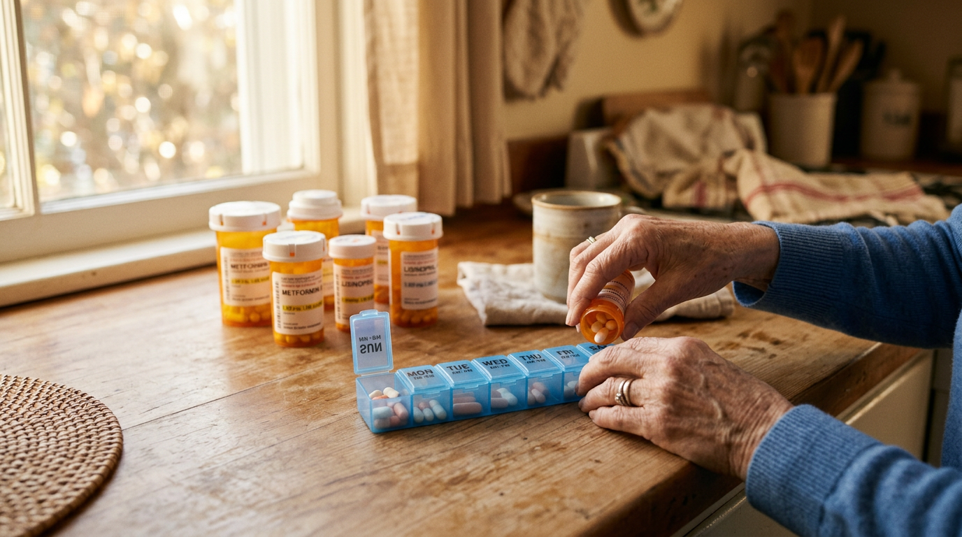Weekly pill organizer and medication list on a table