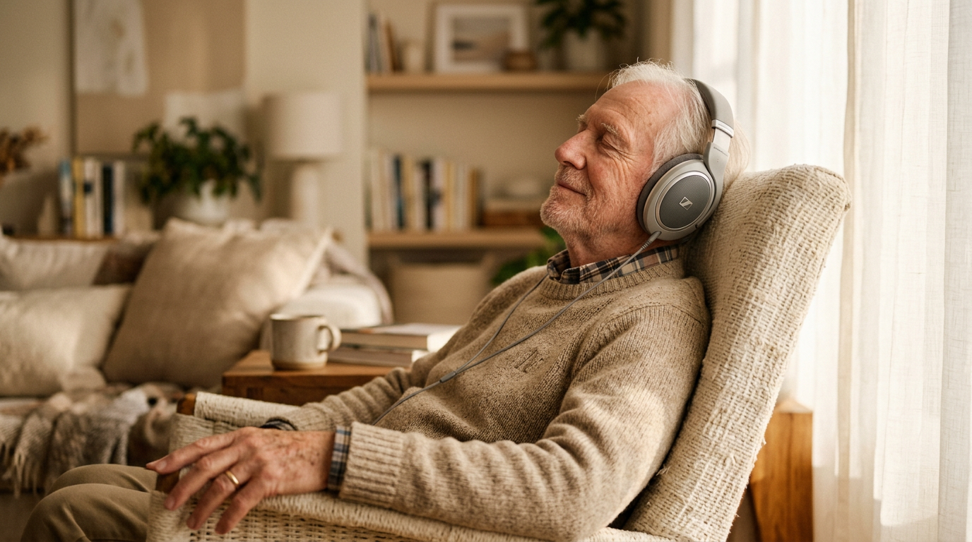 Older adult listening to music with headphones, smiling