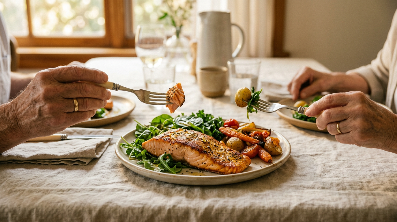 Plate of colorful, nutrient-dense food with fish and vegetables