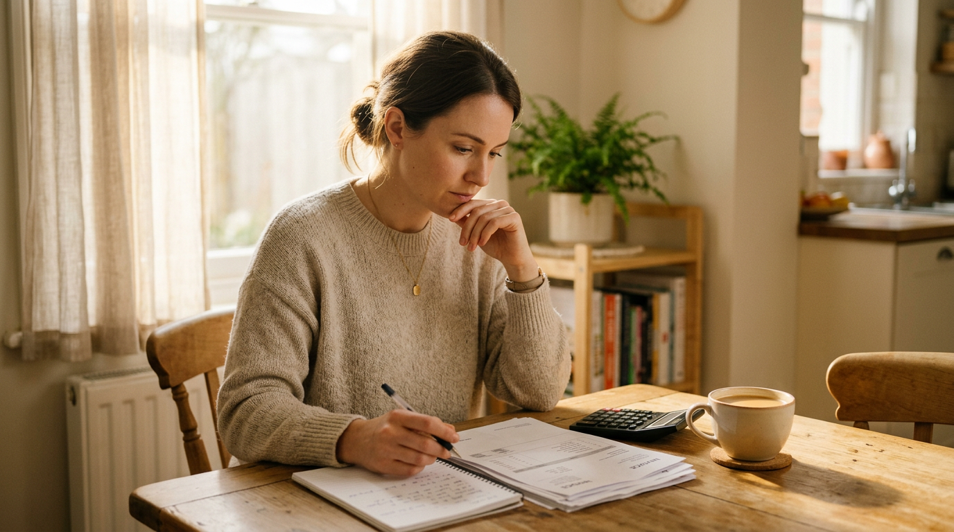 Older man and adult daughter reviewing paperwork at the kitchen table