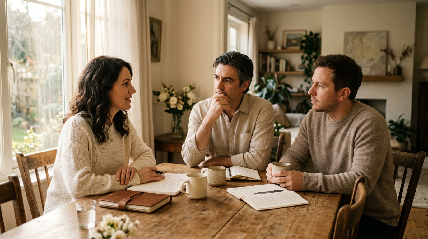 Adult siblings having a serious but caring conversation around a table