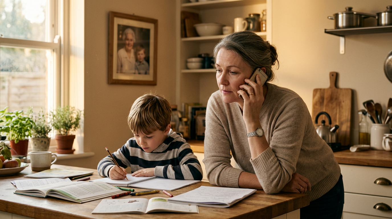 Mother helping her child while taking a phone call