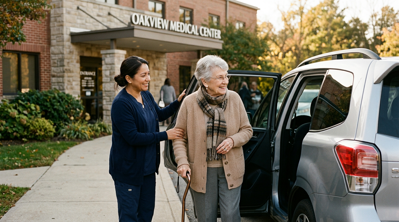Caregiver helping an older woman into a car for an outing