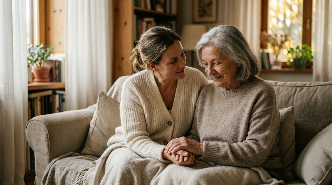 Caregiver holding the hand of an older woman with dementia