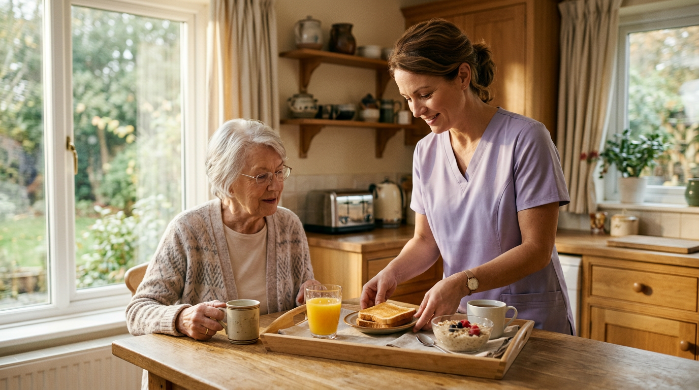 Caregiver preparing a meal in a sunny kitchen with an older client nearby